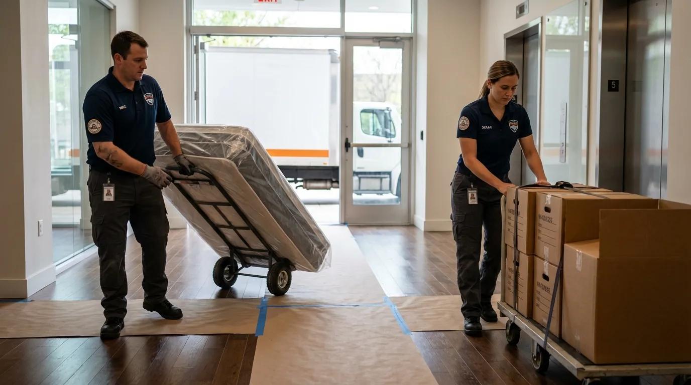 Professional apartment movers loading elevator in Edgerton, MN